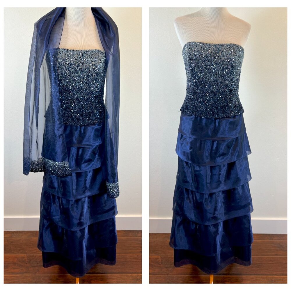 Jovani Navy Blue ombré sequin gown size 10 strapless with matching shawl